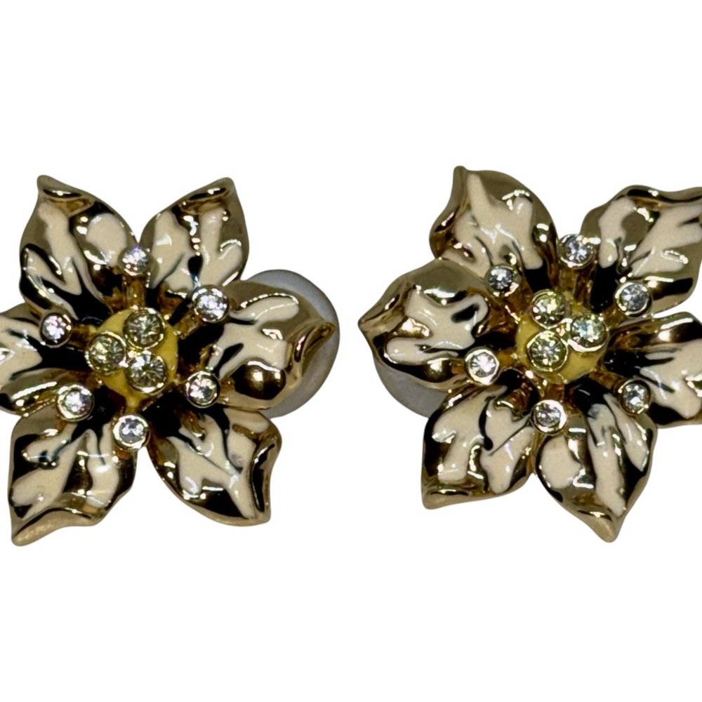 St. John Gold, Cream & Black Floral Earrings – Elegant Vintage Statement